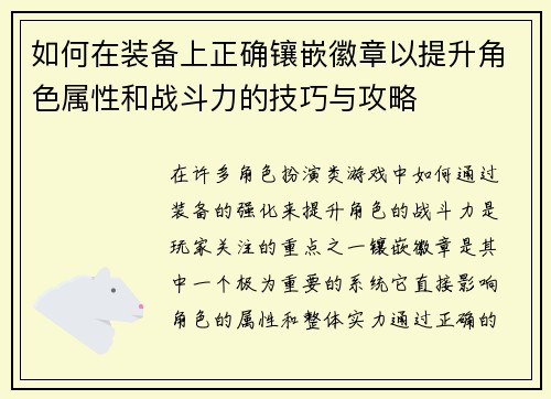 如何在装备上正确镶嵌徽章以提升角色属性和战斗力的技巧与攻略