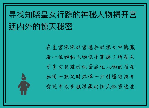 寻找知晓皇女行踪的神秘人物揭开宫廷内外的惊天秘密